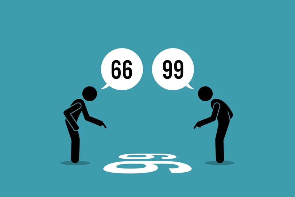 Two people are talking to each other in front of a number.