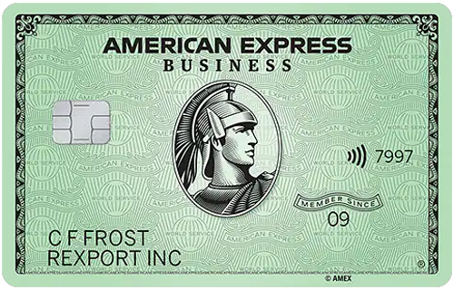 A green american express business card with an image of a man.