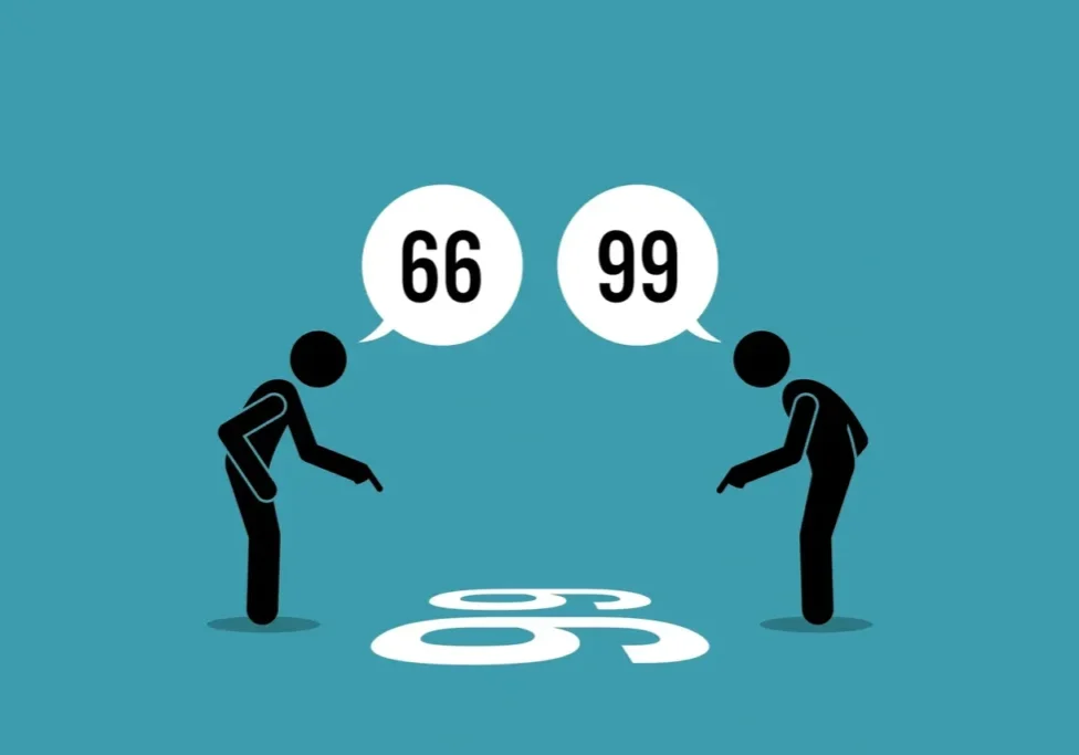 Two people are talking to each other in front of a number.