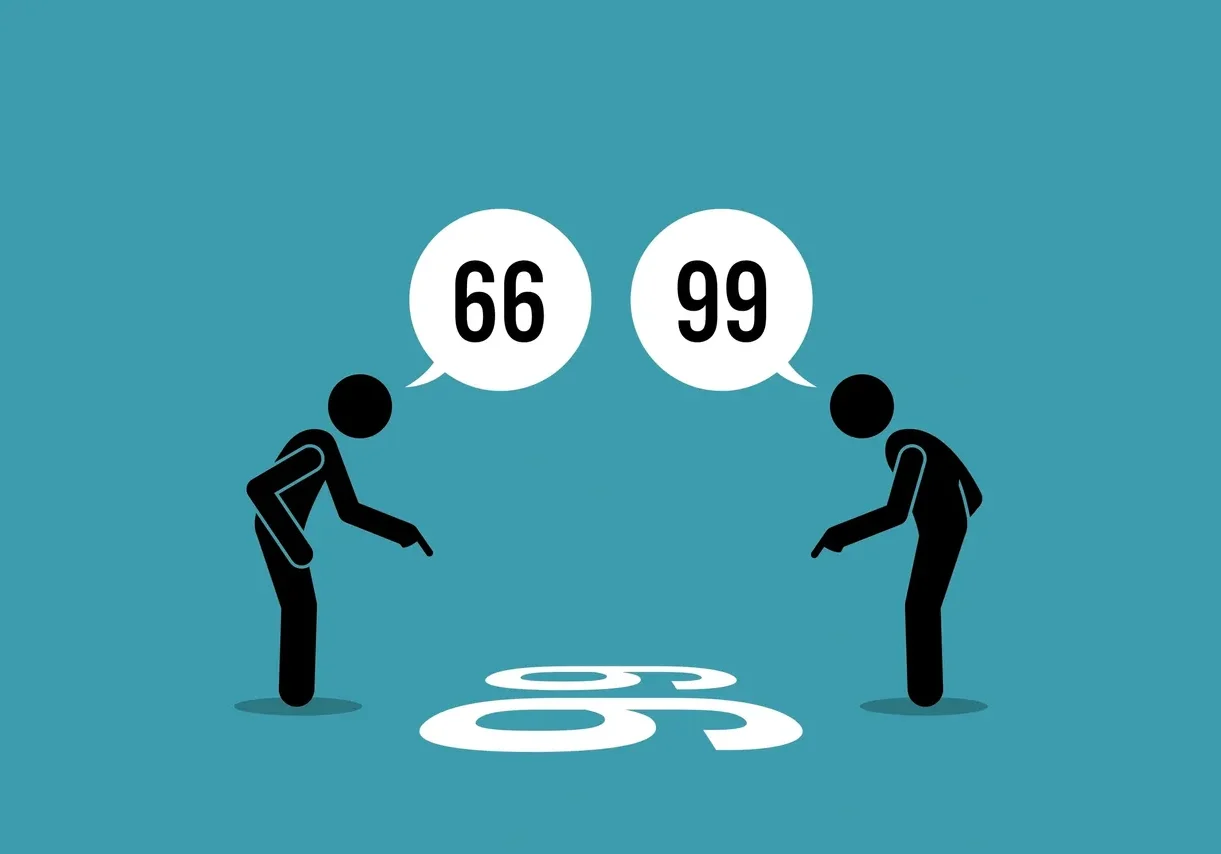 9 Two people are talking to each other in front of a number.